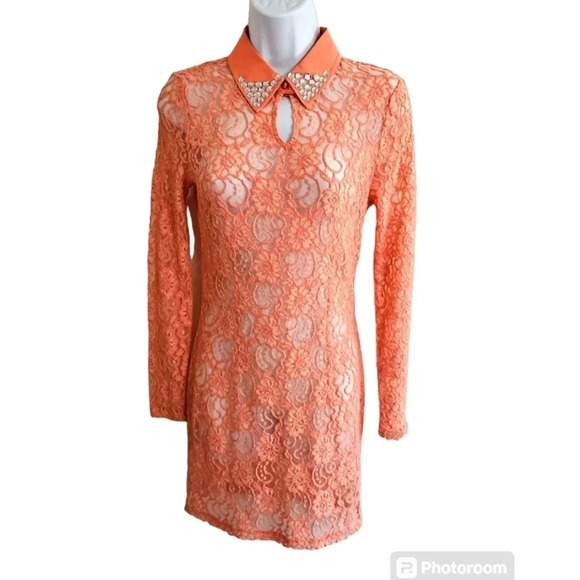 Forever 21 S Coral Lace Sheer Dress Sequin Collar Mod Y2K Glam Party Dress - Picture 2 of 6